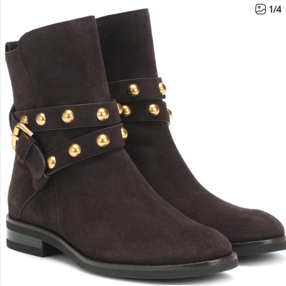 See By Chloe Janis Dark Brown Suede Ankle Boots with Gold Studs